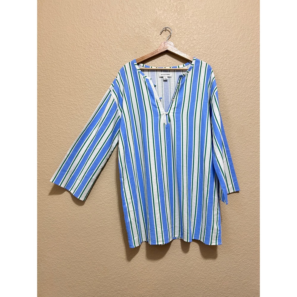 Solid & Striped Large Linen Tunic Blue Green White Coastal Nautical Resortwear